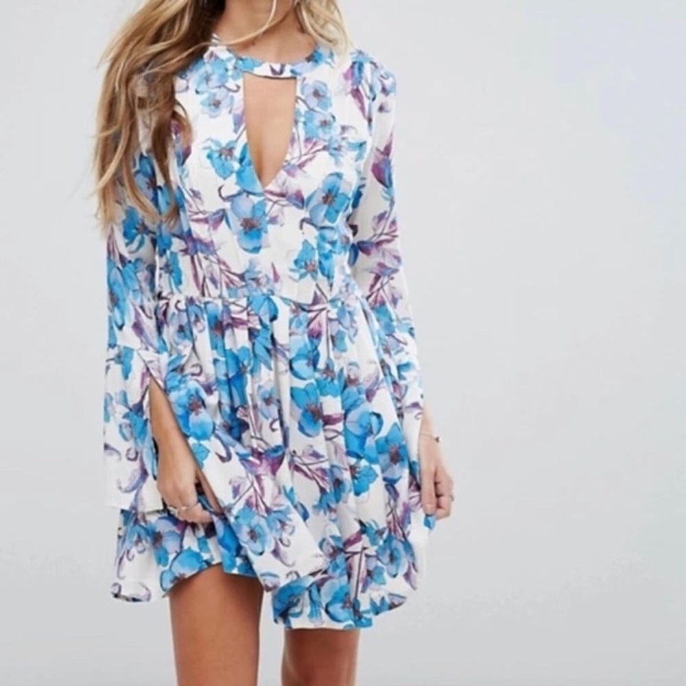 Free People Tegan Long Sleeve Ivory and Blue Floral Bohemian Chic Mini Dress